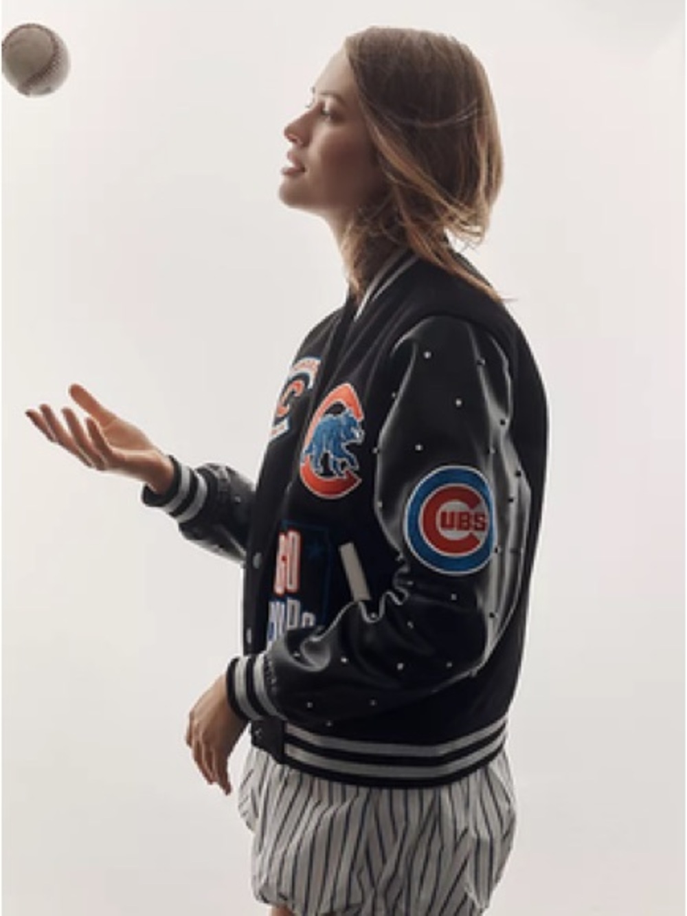 Wild Collective Anthropologie Chicago Cubs Black Varsity Jacket with Patches - Picture 6 of 6